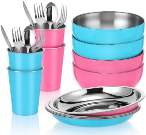 Jinei 24 Pcs Stainless Steel Camping Dinnerware Set for 4,Pink and Blue