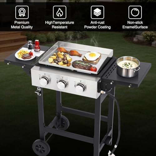 Gas Grill Griddle Combo with 3 Burners - Propane Grill on Cart - Stainless Steel 30,000 BTU -Camping Grill with 2 Foldable Tables, Cover - Outdoor Cooking Station for BBQ Backyard
