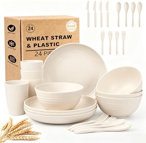 Kids Dinnerware Sets, Unbreakable Bowls and Plates Set for 4(Beige)