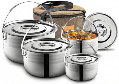 Wealers Camping Cookware Set - Compact Stainless Steel Campfire Cooking Pots and Pans | Combo Kit with Travel Tote Bag | Rugged Outdoor Cook Set for Hiking | Barbecues | Beach