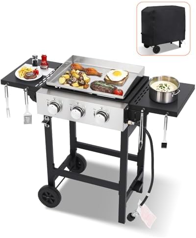 Gas Grill Griddle Combo with 3 Burners - Propane Grill on Cart - Stainless Steel 30,000 BTU -Camping Grill with 2 Foldable Tables, Cover - Outdoor Cooking Station for BBQ Backyard