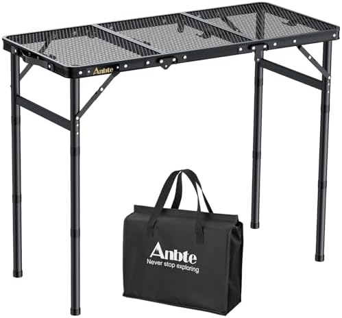 Anbte Folding Grill Table, 3ft Tri-Fold Aluminum Folding Table Adjustable Height Max 27.5" Grill Table with Mesh Desktop, Lightweight, Portable Handle for Outdoor Cooking BBQ Picnic (Black)