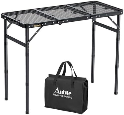 Anbte Folding Grill Table, 3ft Tri-Fold Aluminum Folding Table Adjustable Height Max 27.5" Grill Table with Mesh Desktop, Lightweight, Portable Handle for Outdoor Cooking BBQ Picnic (Black)