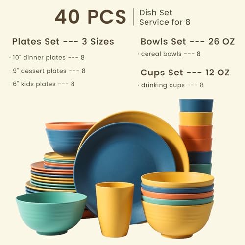 Homienly 40-Piece Premium Wheat Straw Dinnerware Sets, Service for 8, Unbreakable Plates and Bowls Set - Cups Sets, Dinner Plates, Bowls for Kitchen,Dishwasher and Microwave Safe Dishes Set - Multi