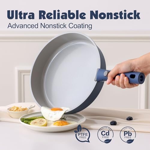 SENSARTE 17 Piece Ceramic Detachable Handle Pots and Pans Set Navy