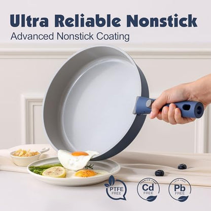 SENSARTE 17 Piece Ceramic Detachable Handle Pots and Pans Set Navy