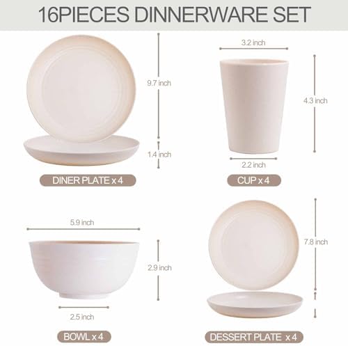 Rubtlamp Wheat Straw Dinnerware Sets, 16PCS Plastic Dinnerware Set for 4, Wheat Straw Plates and Bowls Sets, Unbreakable Dinnerware Plastic Microwave Safe Dishes Set for Kitchen&Camping
