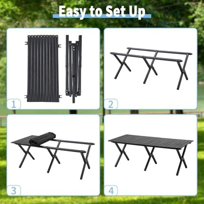 4Ft Aluminum Folding Camping Table, Portable Picnic Table, Outdoor Lightweight Collapsible Camp Table, Roll-up Camping Table for Beach,Party, Patio, BBQ, Travel, Backyard (Black Upgraded Version)