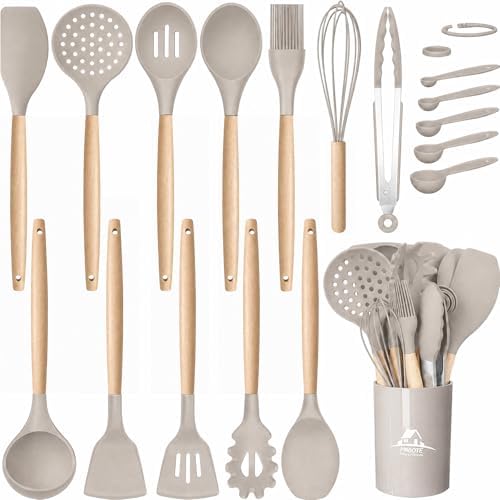 MIBOTE Silicone Cooking Kitchen Utensils Set, Wooden Handle, Khaki