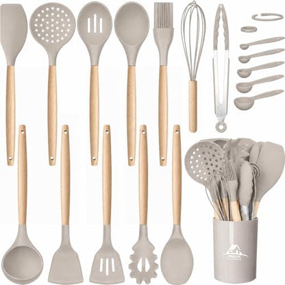 MIBOTE Silicone Cooking Kitchen Utensils Set, Wooden Handle, Khaki