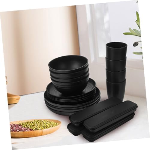 20pcs Black Dinnerware Set for 4 People with Reusable Forks, Spoons, Knives, Bowls, Plates, and Cups – Portable Picnic and Travel Utensils for Outdoor Dining