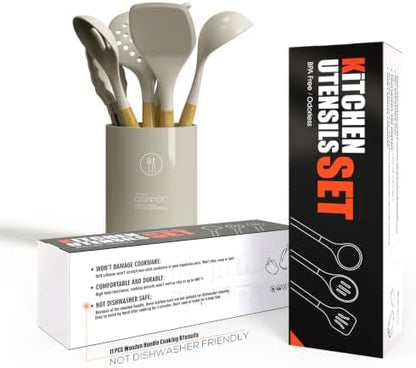 oannao Silicone Cooking Utensils Set - 446°F Heat Resistant Silicone Kitchen Utensils for Cooking,Kitchen Utensil Spatula Set w Wooden Handles, BPA FREE Gadgets for Non-Stick Cookware (Khaki)