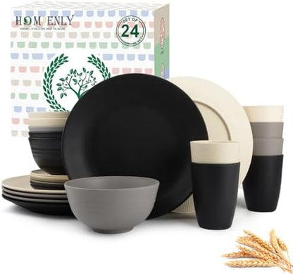Homienly Wheat Straw Plates and Bowls Set, Lightweight & Unbreakable Dinnerware Set for Kitchen, Parties, Holidays, Microwave and Dishwasher Safe Dish Set - Plate Sets, Bowls, Cups, 24pcs (Grey Stone)