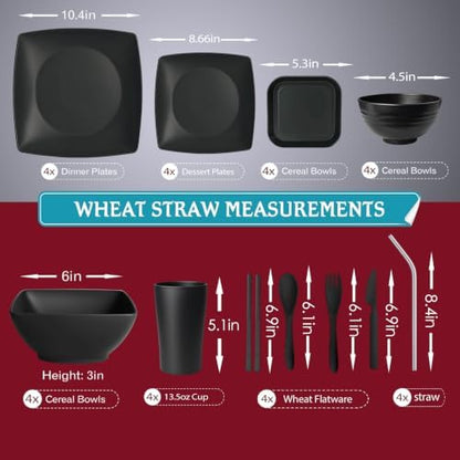 Teivio 44-piece With Flatware Plates and Bowls Sets, Black Dishes Set for 4