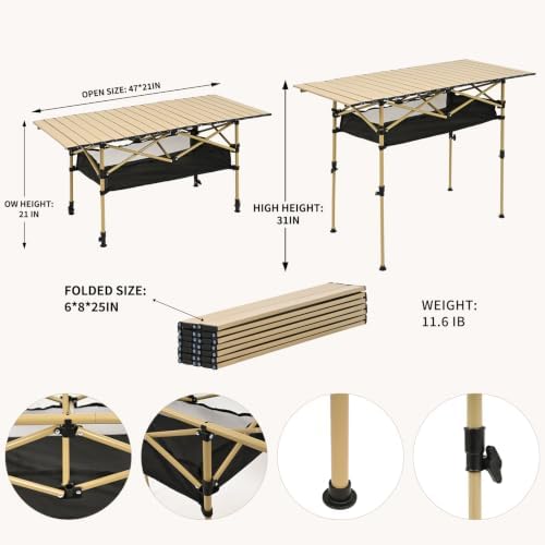Portable Folding Camping Table, Adjustable Height, Beige, 47 x 21 in