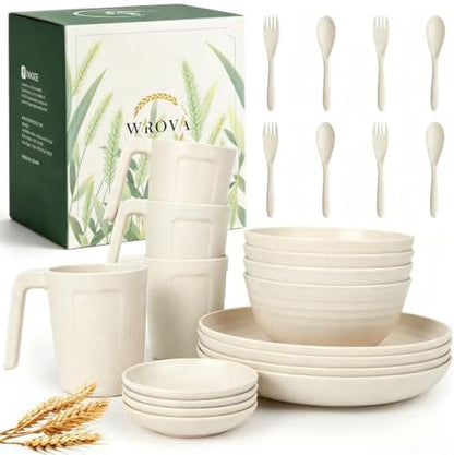Wrova Plates and Bowls Sets for 4,Unbreakable Dinnerware Set 24 Piece,Beige