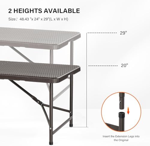 VINGLI 4 FT Plastic Folding Camping Table, Portable in/Outdoor Party Picnic Dining Desk,Garden Soccer Multipurpose Entertaining Activities, Brown