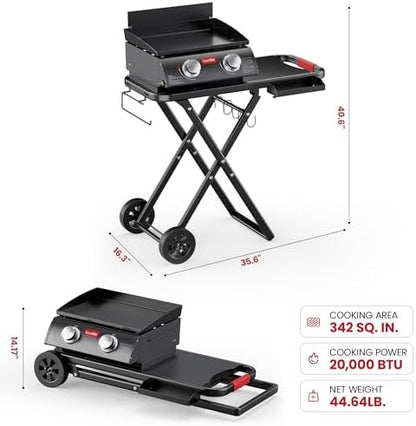 LAUDLIFE Portable Gas Griddle with Adjustable Stand, 20,000 BTUs, 342 Sq. In. Cooking Surface, 3-Step Setup, Enamel Coating Grates, for Camping, Patio BBQ, Park Picnics & Outdoor Cooking