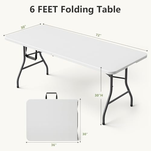 Folding Table, 6 FT Foldable Plastic Table with Carrying Handle, Heavy Duty Portable Fold-in-Half Utility Table for Party, Camping, Banquet, Craft, Wedding, Indoor & Outdoor Use