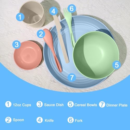 Wrova wheat straw bowls,plates,cups and cutlery sets 28 pcs - Unbreakable Dishwasher Safe dinnerware sets service for 4 - Ideal dish sets for kitchen, camping, indoors and out doors.Nordic