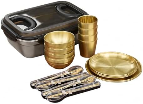 304 Stainless Steel Dinnerware Sets for 6, Portable Camp Kitchen Dinnerware, Shiny Outdoor Dish Sets, Family Camping Plates Bowls 33.5x23.5x12.5cm, 4-Person Tableware Set