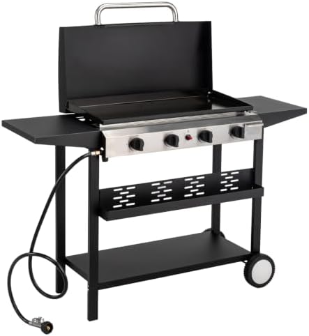 ROVSUN 4 Burner Portable Propane Griddle with Ignition, 40000 BTU Freestanding Flat Top Gas Grill with Enameled Tray, Lid, Side Shelves & Regulator for Outdoor Cooking Camping BBQ