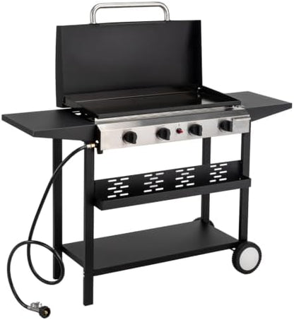 ROVSUN 4 Burner Portable Propane Griddle with Ignition, 40000 BTU Freestanding Flat Top Gas Grill with Enameled Tray, Lid, Side Shelves & Regulator for Outdoor Cooking Camping BBQ