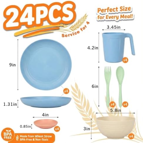 Wrova 24-Piece Plates and Bowls Sets, Wheat Straw Dinnerware Sets for 4