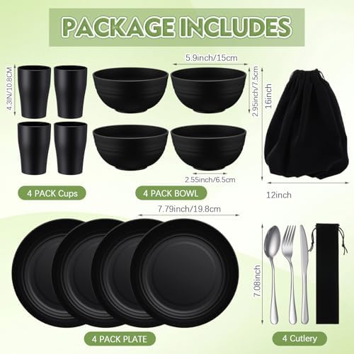 Teenyyou 4 Sets Camping Mess Kits for 4 Person Camping Silverware Set Include Cup, Bowl, Plate, Knife, Spoon, Fork Cutlery Set Unbreakable Wheat Straw Dinnerware Utensils for Travel