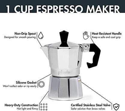 Primula Classic Stovetop Espresso and Coffee Maker, Moka Pot for Italian and Cuban Café Brewing, Greca Coffee Maker, Cafeteras, 1 Espresso Cup, Silver
