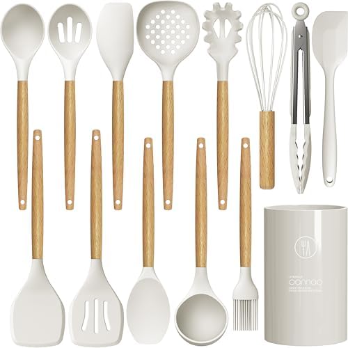 oannao Silicone Cooking Utensils Set - 446°F Heat Resistant Silicone Kitchen Utensils for Cooking,Kitchen Utensil Spatula Set w Wooden Handles for Non-Stick Cookware, BPA FREE (Cream White)