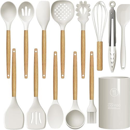 oannao Silicone Cooking Utensils Set - 446°F Heat Resistant Silicone Kitchen Utensils for Cooking,Kitchen Utensil Spatula Set w Wooden Handles for Non-Stick Cookware, BPA FREE (Cream White)