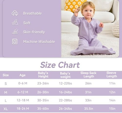 Baby Sleep Sack 12-18 Months, Long Sleeve Baby Wearable Blanket 0.5 Tog with Mittens, 2-Way Zipper Toddler Cotton Sleeping Sack for Boy and Girl Purple Butterfly 2 Pack(Large)
