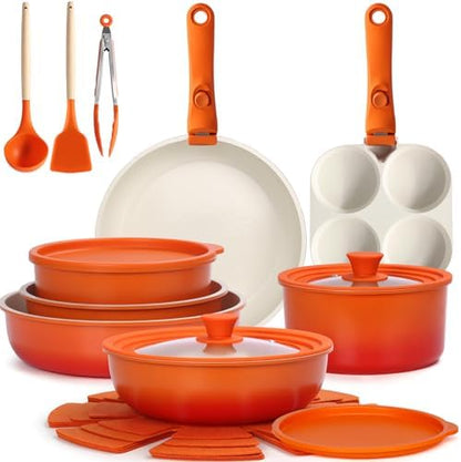 GIPP Pots and Pans Set Non Stick,Kitchen Cookware Set Detachable Handle, Non Toxic Cooking Pan Set with Frying Pans Set,RV Cookware Sets for All Stoves, Orange Gradient, 21PCS