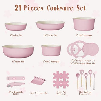 Umite Chef Pots and Pans Set Non Stick, 21 pcs Nonstick Ceramic Cookware Set, RV Kitchen Cooking Set with Detachable Handles, Oven Safe, Induction Cookware, Stackable, Pink, PFAS PFOA & PTFE Free