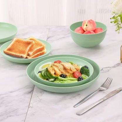 Camping Plates Cups and Bowls Set Green Reusable Microwave Safe Lightweight Unbreakable Plastic Dishes Set for Elderly Kitchen Adults Outdoor,32 Pcs Holiday Dinnerware Sets for 8