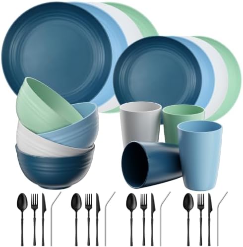Quatish 32 Piece Plastic Plates and Bowls Sets for 4, Dinnerware Sets, Blue