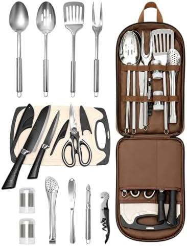 Portable Camping Utensil Set, 15PCS Camping Cookware with Organizer Cooking Kit Stainless Steel Accessories with Knife Fork Spoon RV Essentials Cook Equipment for Picnics BBQs Travel
