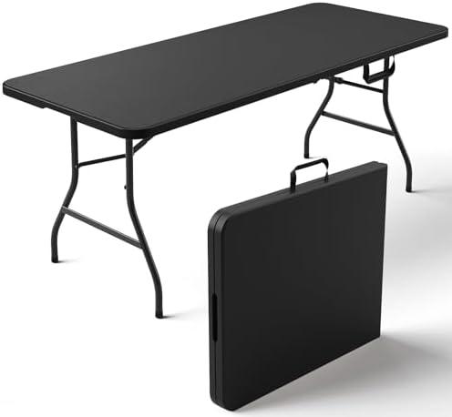 Folding Table 6FT Heavy Duty Plastic Table with Handle, Foldable&Portable, Fold-in-Half Utility Tables for Outdoor, Dining, Wedding, Events, Indoor, Picnic, Camping, Party, Black