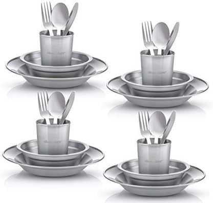 Wealers Unique Complete Messware Kit Polished Stainless Steel Dishes Set| Tableware| Dinnerware| Camping| Buffet| Includes - Cups | Plates| Bowls| Cutlery| Comes in Mesh Bags (4 Person Set)