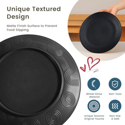 Homienly 24-Piece Wheat Straw Dinnerware Sets,Service for 6 - Cups, Plates and Bowls Sets,Reusable Dishwasher and Microwave Safe Melamine Dinnerware Set for Home,Camping,RVs - Black