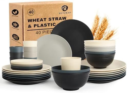 40 PCS Wheat Straw Dinnerware Set | Dish Sets for 8 - BlackBeige