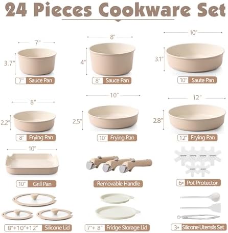 SENSARTE 24 Piece Ceramic Detachable Handle Pots and Pans Set Almond Beige
