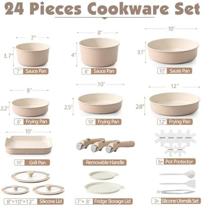 SENSARTE 24 Piece Ceramic Detachable Handle Pots and Pans Set Almond Beige
