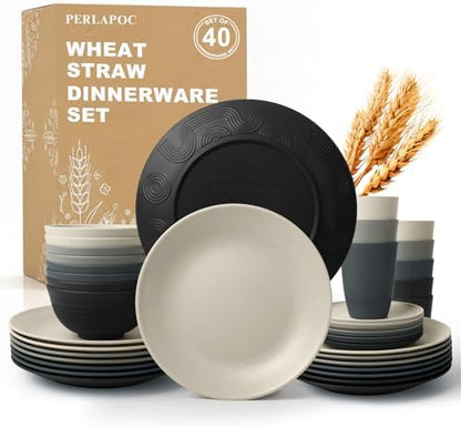 Wheat Straw Dinnerware Sets 40 PCS - Unbreakable Plates and Bowls Sets for 8,Party Kitchen Camping RV Dishwasher & Microwave Safe Modern Lightweight Dishware Sets - Black Grey