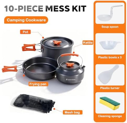 10-Piece Camping Cookware Set with 2L Pot, 1.1L Kettle and Pan