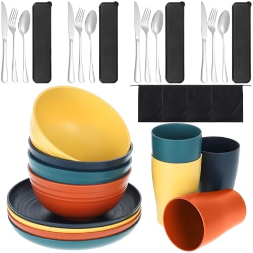 32-Piece Wheat Straw Dinnerware Set, Unbreakable Portable Camping Mess Kit with Plates & Bowls, Dishwasher & Microwave Safe for Family, Picnics & Travel (Colorful)