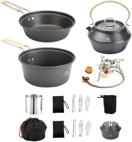 THTYBROS 27pcs Camping Cooking Set for 2-4 People, Portable Cookware Set with Kettle, Pots & Pans, Stainless Steel Utensils, Plates, Dishware for Backpacking, Picnic, Outdoor Adventures