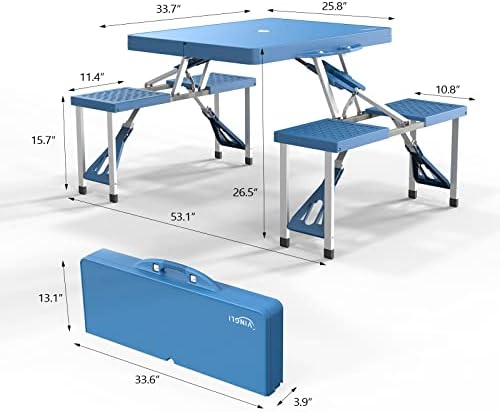 VINGLI 4 Ft Camping Picnic Table Set with 4 Seats with Umbrella Hole Folding Lightweight Suitcase Card Table-220 Lbs Support Aluminum Frame, Plastic RV Tabletop for Barbecue,Travel,Outing,Gathering