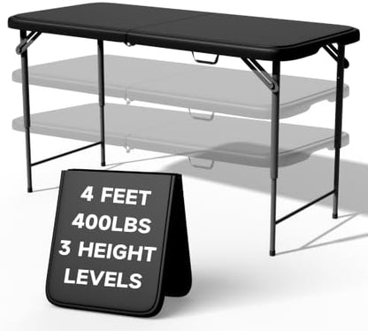 4FT Folding Table, 3 Adjustable Height & Heavy Duty, Double-Layer HDPE with Steel Legs, Foldable Table for Camping, Parties, Picnics, Black, 1 Pack